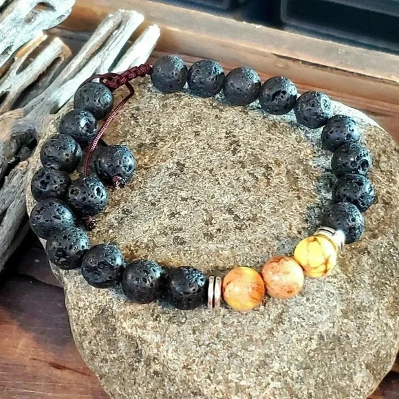 Handcrafted Chakra Bracelet Yellow Aqua Terra Jasper Black Lava - Picture 2 of 8
